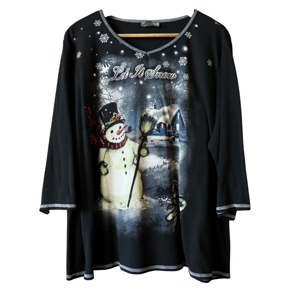Vintage Let It Snow Snowman Graphic Top Black Beaded Studded 3/4 Sleeve 3XL 90s